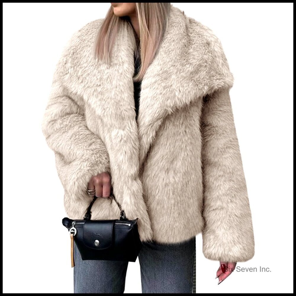 Faux Fur Coat Oversized Lapel Shaggy Winter Jacket Warm Fuzzy Outerwear Chic